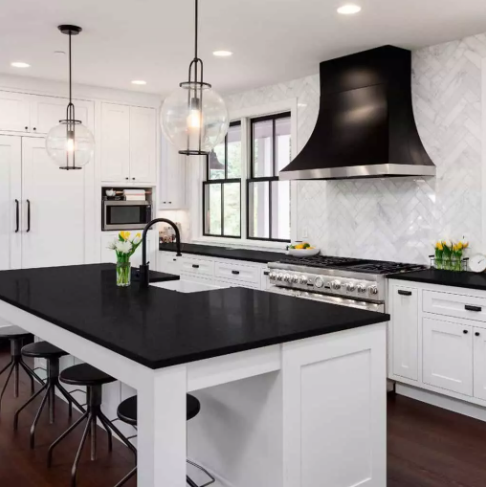 mid century modern kitchen, black kitchen countertops
