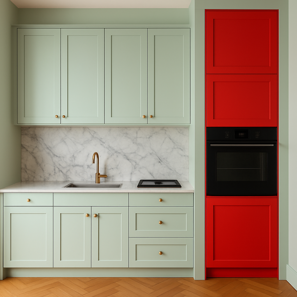 red cabinet with green cabinets and marble backsplash