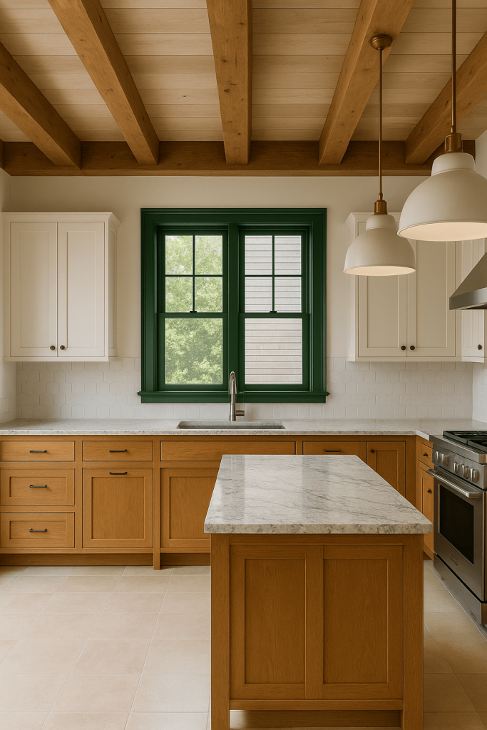 A kitchen with natural wood-paneled ceiling beams and deep green painted window frames and trim