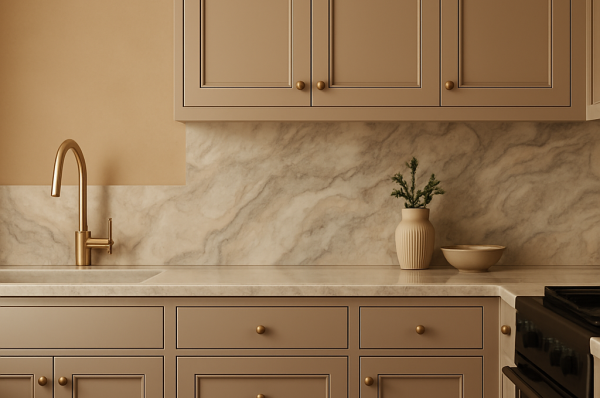 a warm, dark beige kitchen with taupe gray cabinets and marble backsplash