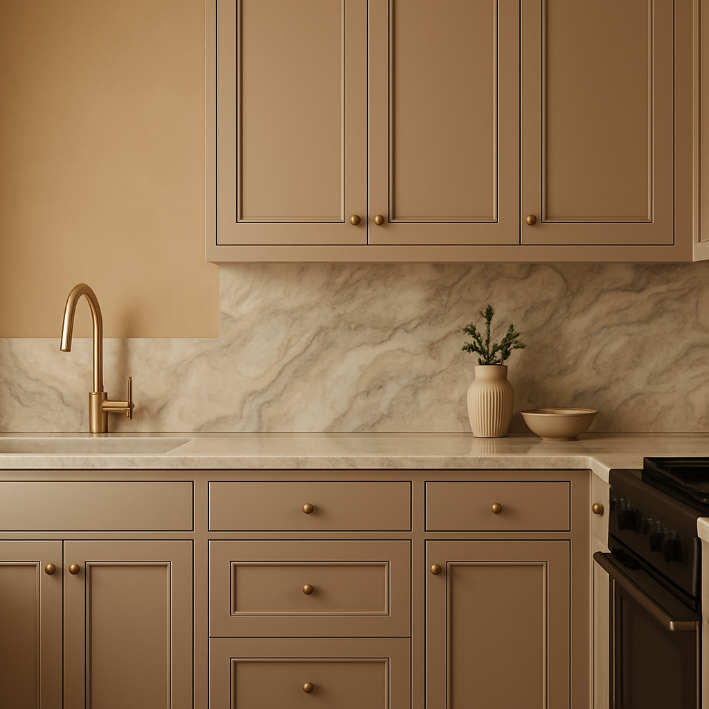 a warm, dark beige kitchen with taupe gray cabinets and marble backsplash