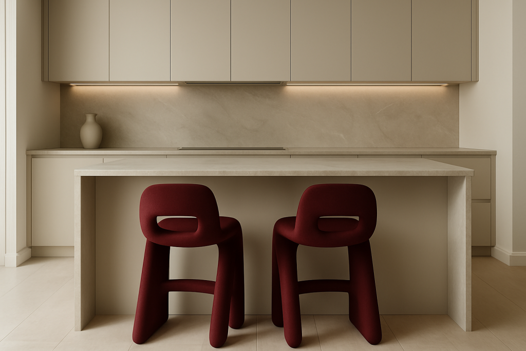A kitchen with sculptural burgundy bar stools at the island, adding a moody pop of color against neutral cabinetry.