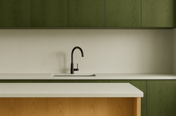 A creative kitchen with green-stained upper cabinets and a light oak island