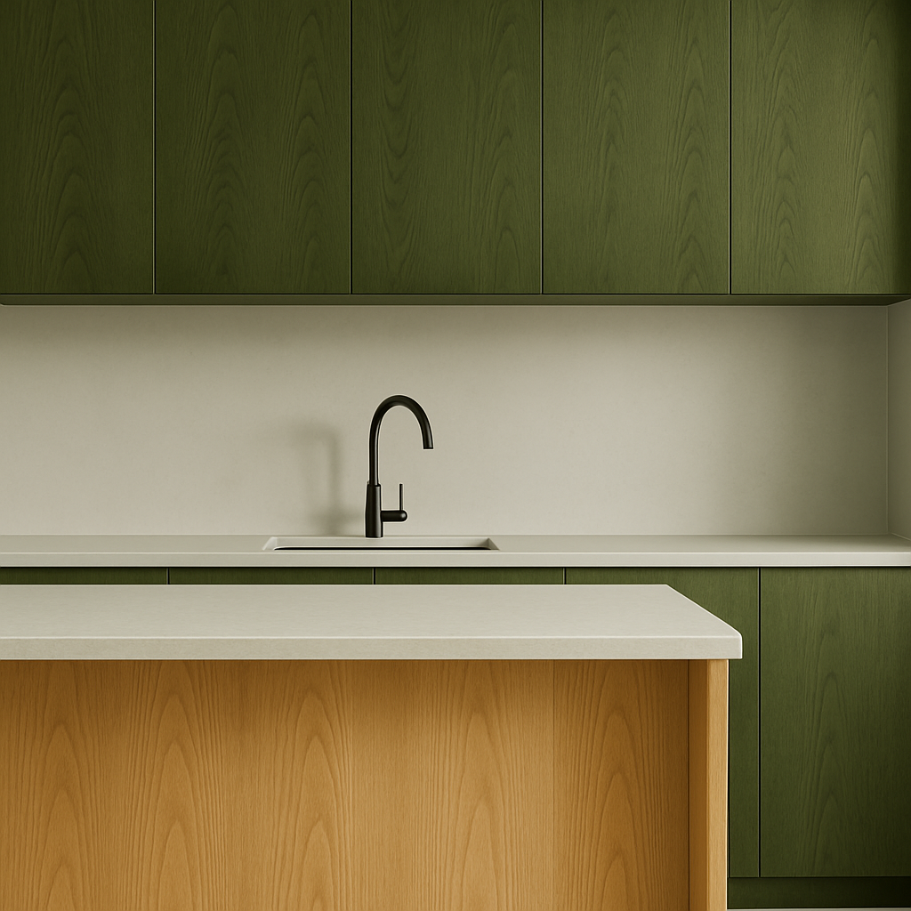 A creative kitchen with green-stained upper cabinets and a light oak island