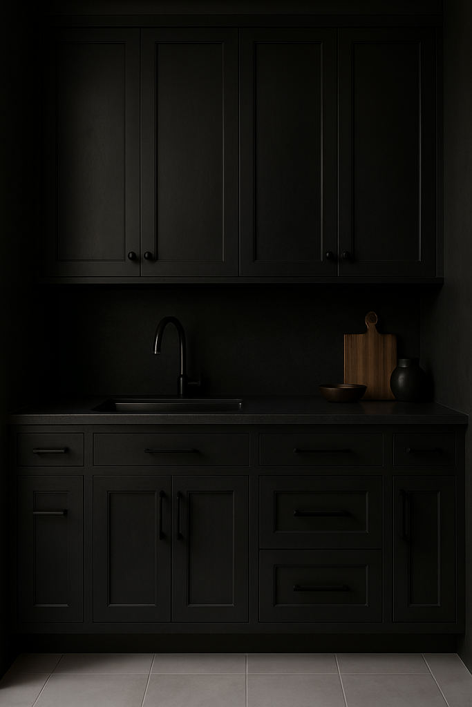 dark moody kitchen with black cabinets