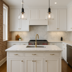 a transitional kitchen with pendant lights, slab backsplash, and white cabinets