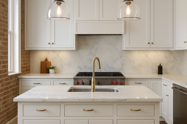 a transitional kitchen with pendant lights, slab backsplash, and white cabinets