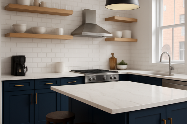 a kitchen with quartz countertops, navy cabinets, hardwood floors, and open shelving