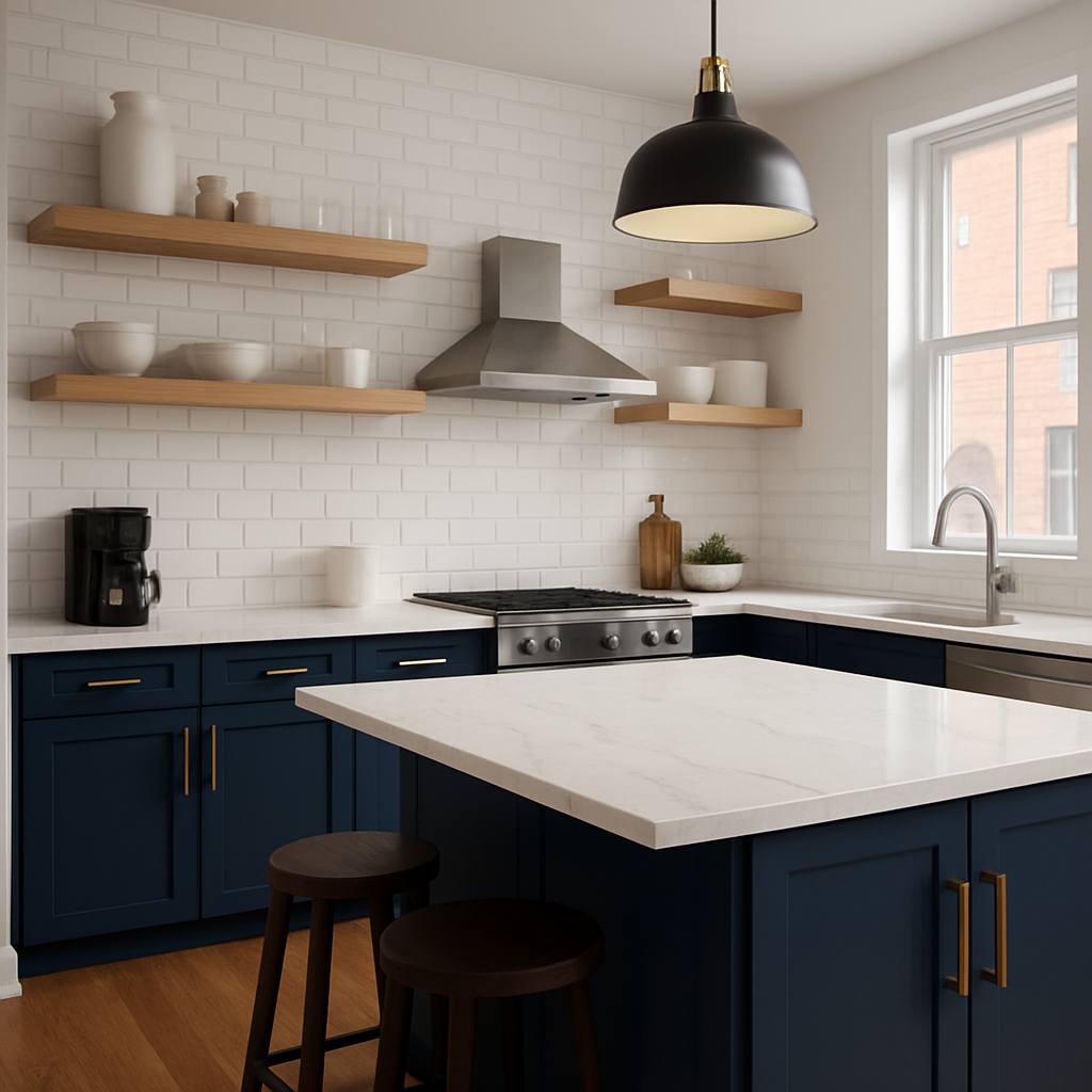 a kitchen with quartz countertops, navy cabinets, hardwood floors, and open shelving