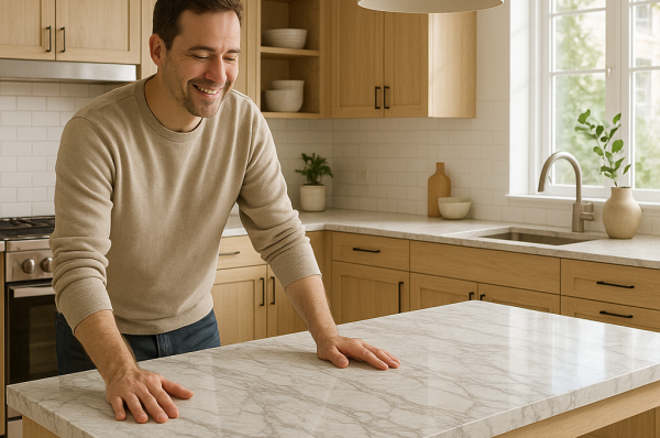 homeowner enjoying new marble kitchen countertop