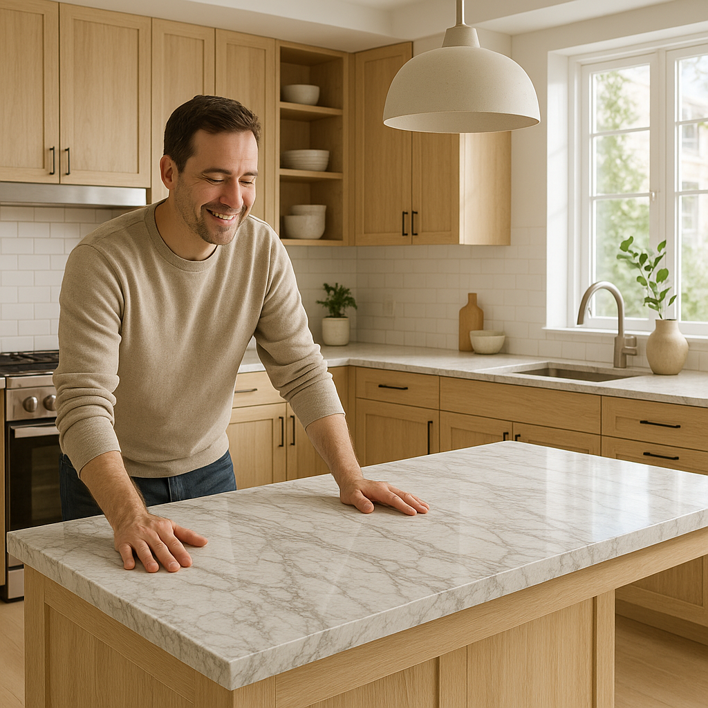 homeowner enjoying new marble kitchen countertop