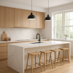 modern kitchen with large windows and an island with a quartz backsplash