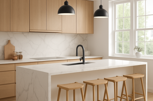 modern kitchen with large windows and an island with a quartz backsplash