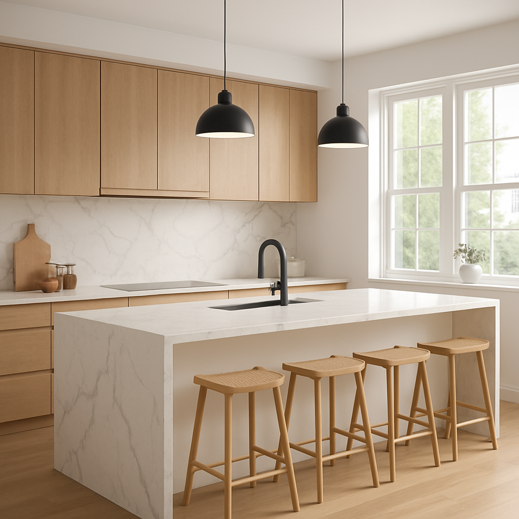 modern kitchen with large windows and an island with a quartz backsplash