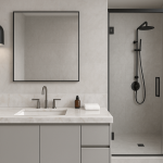 modern master bathroom with stand up shower and quartzite vanity