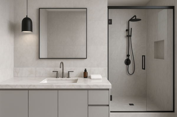 modern master bathroom with stand up shower and quartzite vanity