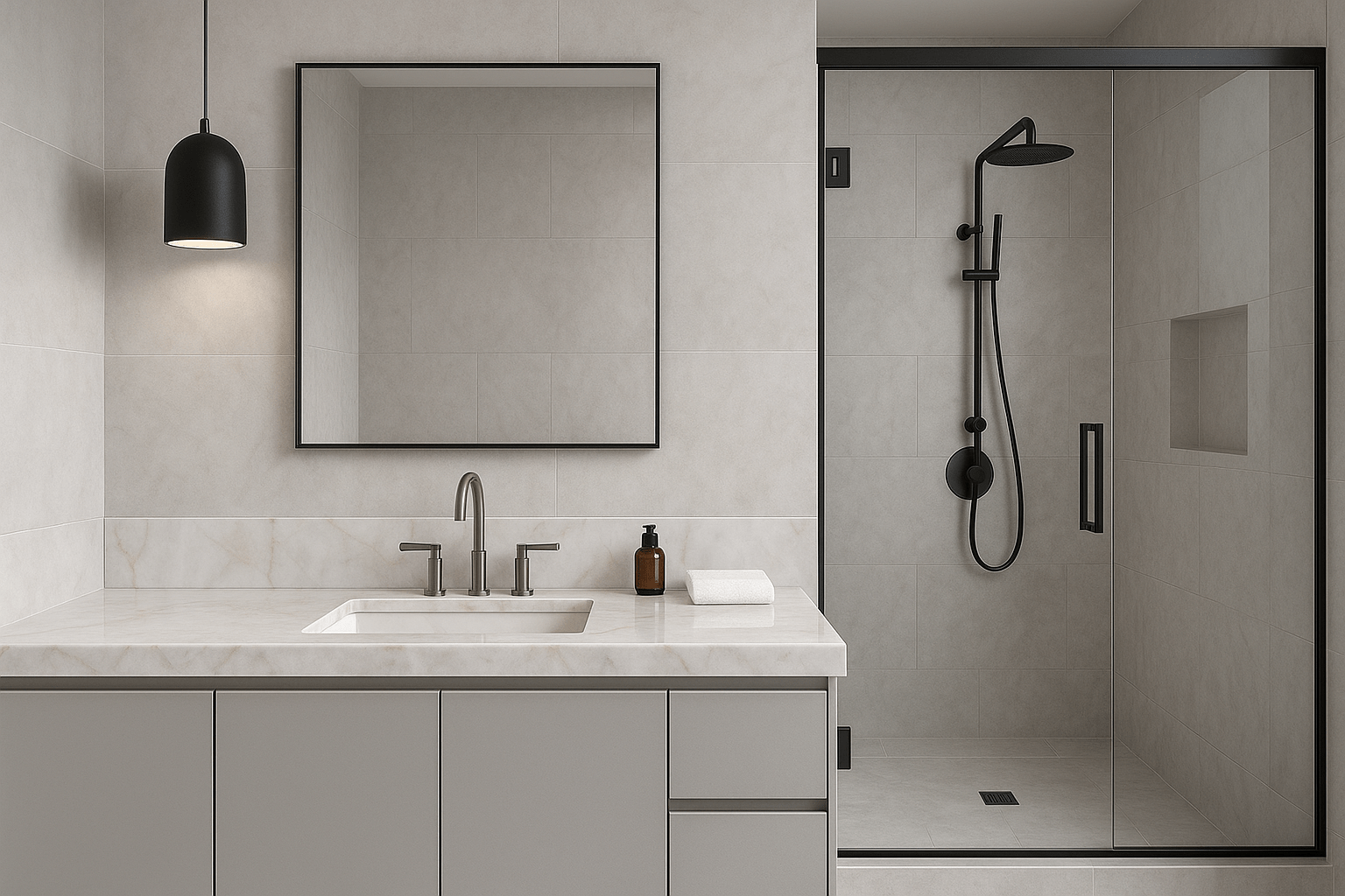 modern master bathroom with stand up shower and quartzite vanity